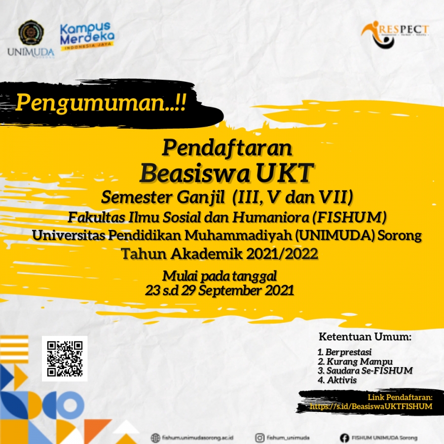 Pendaftaran Beasiswa UKT Semester Ganjil (III, V dan VII) Fakultas Ilmu Sosial dan Humaniora Universitas Pendidikan Muhammadiyah (UNIMUDA) Sorong Tahun Akademik 2021/2022